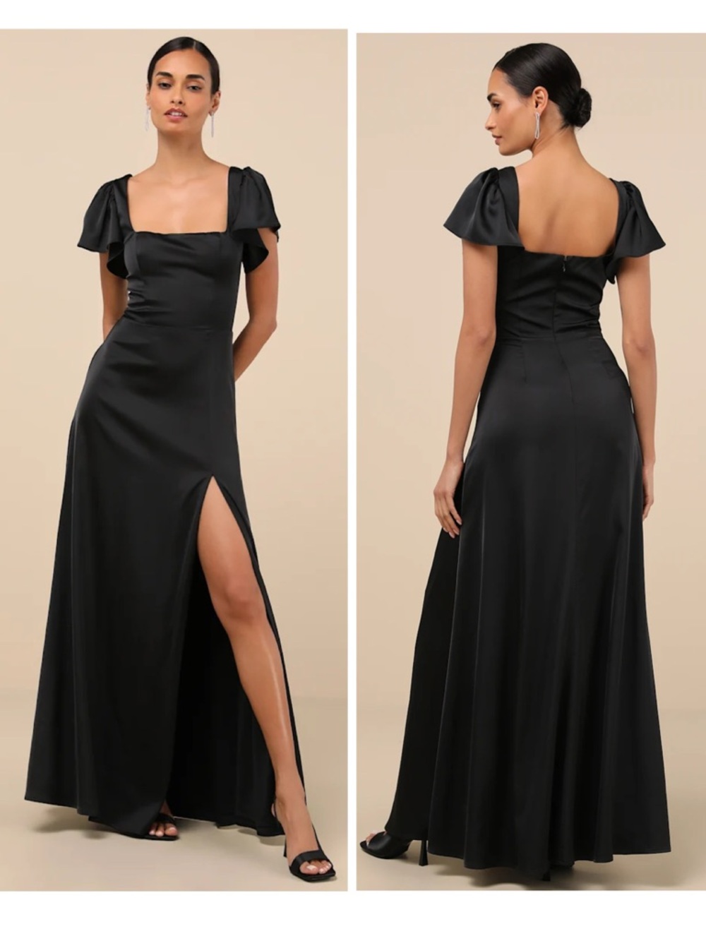 Lulus Ultimate Sweetness Black Satin Flutter Sleeve Maxi Dress Size Medium